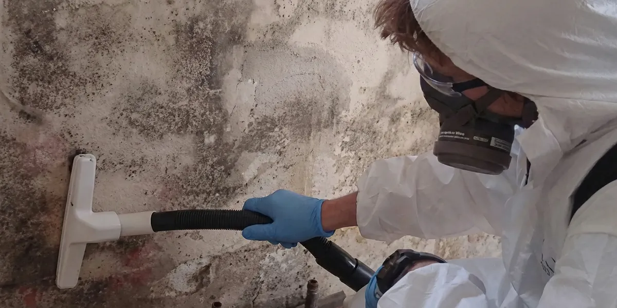 professional mold removal technician wearing protective equipment removing mold from a wall in Fort Lauderdale, FL